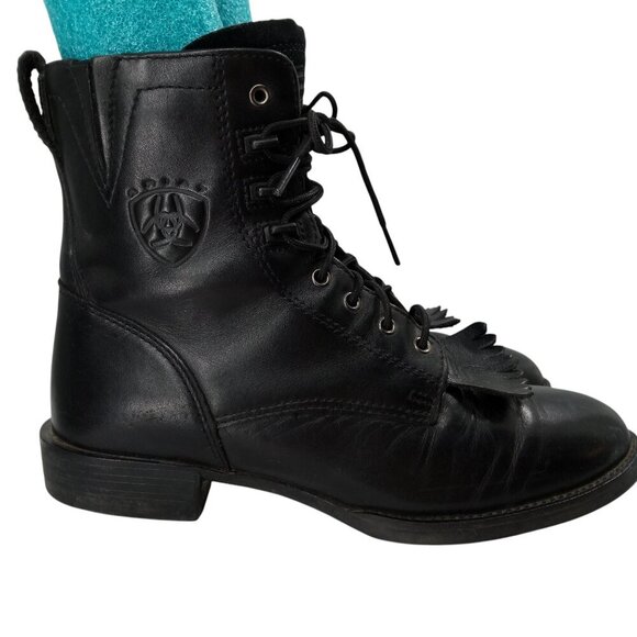 Ariat Black Leather Kiltie Paddock Western Riding Boots Size 6.5 Cowboy Womens - Picture 12 of 16